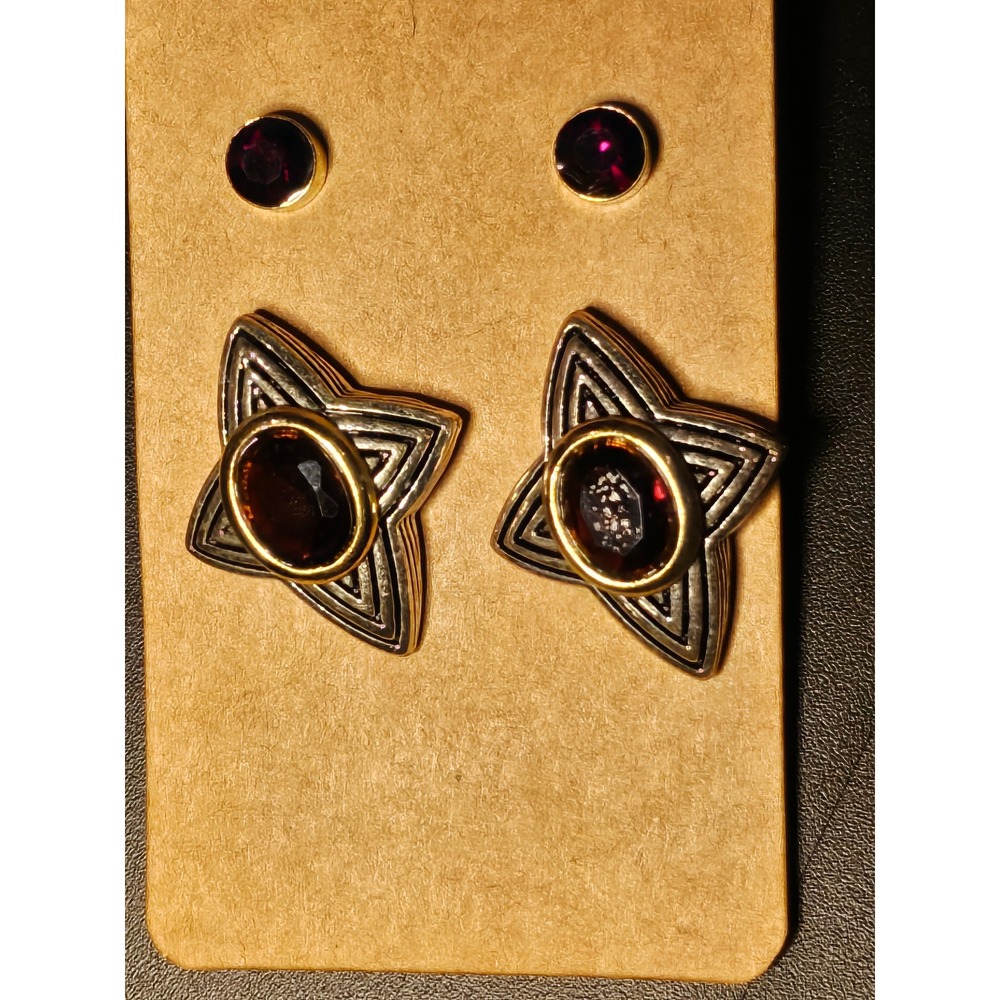 Vintage Mixed Metal Star Sunburst Faux Garnet Stud Earring Set Two Pairs